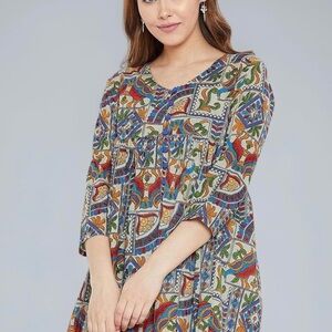 PANIT Women's Cotton Above Knee A-Line Short Kurti (Red/Beige) size Small